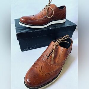 Dune Mens 10 US BAYSIDE TAN LEATHER WINGTIP WHITE WEDGE SOLE UK 44 excellent